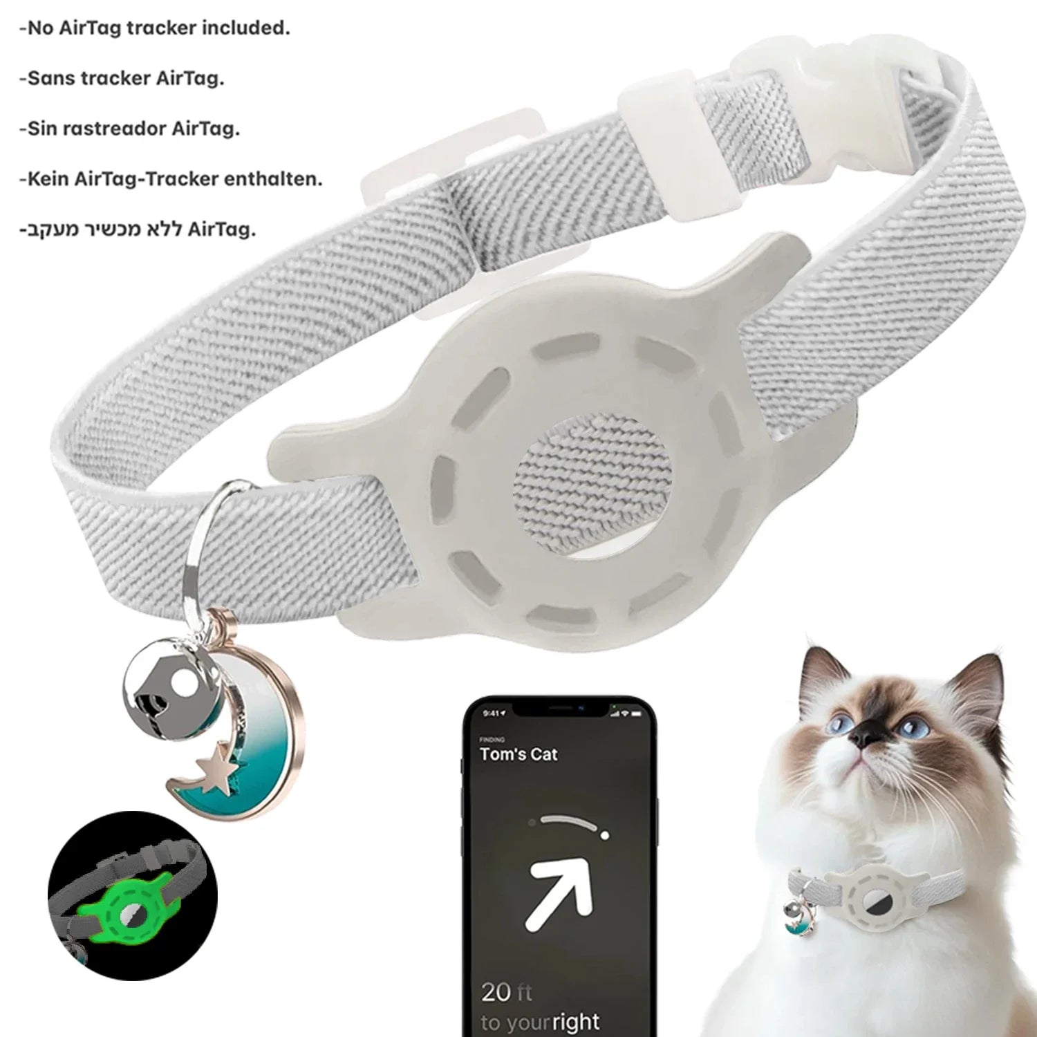 Fashion Airtag Cat Collar — Adjustable with Bell & Anti-Lost Tag Holder