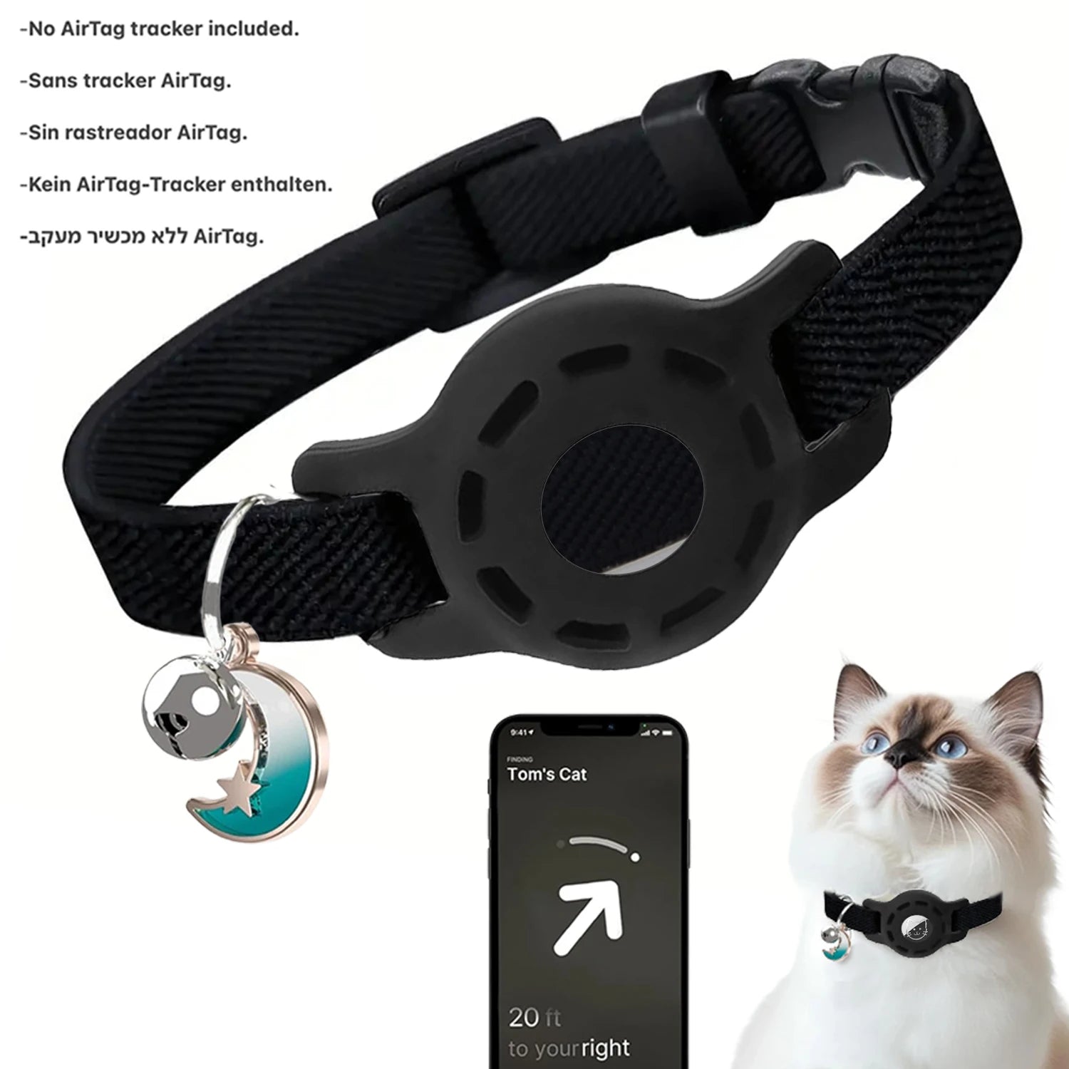 Fashion Airtag Cat Collar — Adjustable with Bell & Anti-Lost Tag Holder