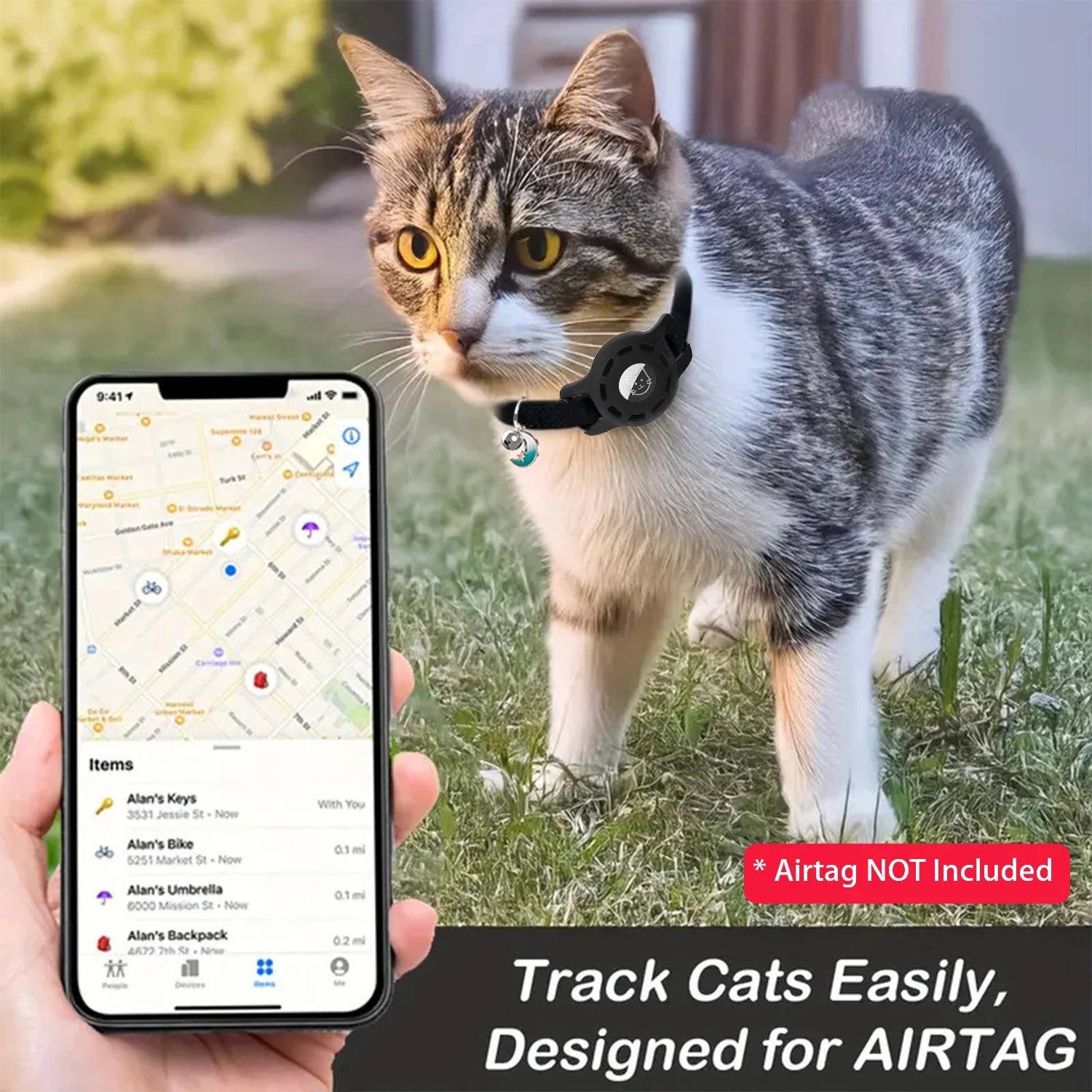 Fashion Airtag Cat Collar — Adjustable with Bell & Anti-Lost Tag Holder